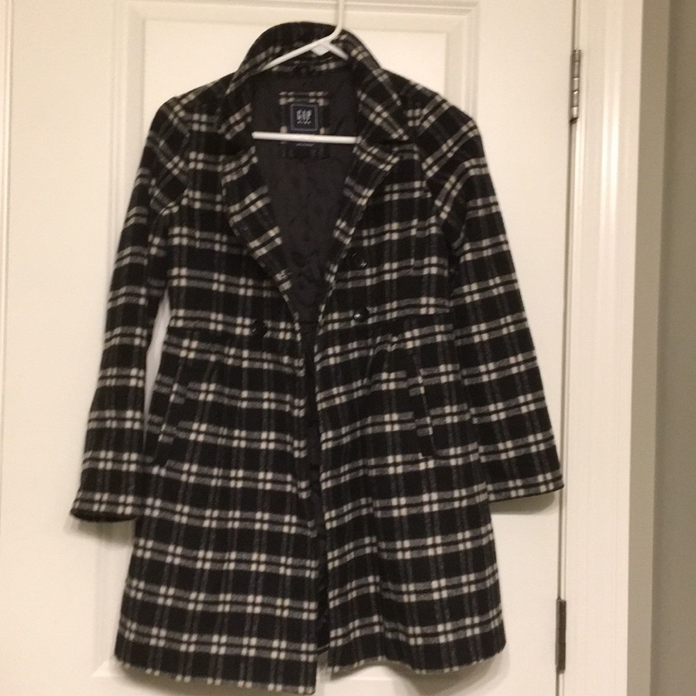 Black and white double-breasted pea coat